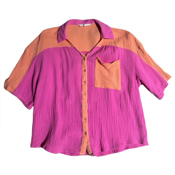 Fanco THE EMMA COLORBLOCK TOP Orange Pink Gauze Button Down Short Sleeve Barbie - Picture 2 of 6